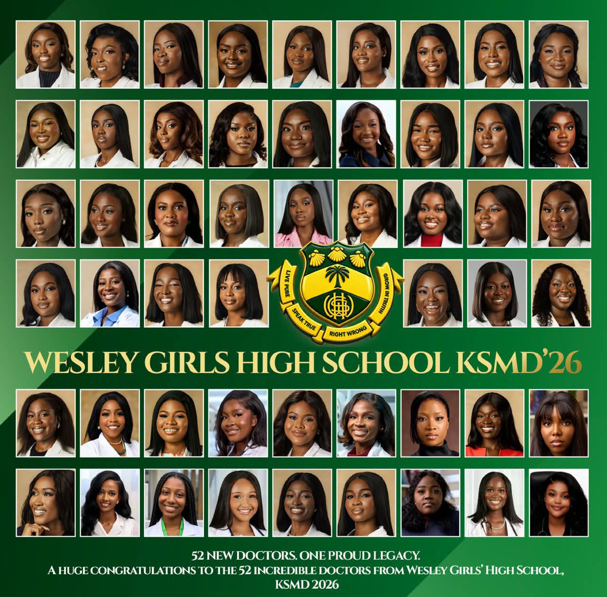 Ksmd2026's tweet photo. LIVE PURE, SPEAK TRUE, RIGHT WRONG, FOLLOW THE KING💛💚💛💚💛💚💛💚💛💚💛💚

Wesley Girls’ High School proudly produces 52* brainy beauties in the 2026 year group.

Congratulations to the newest Doctors from KNUST SCHOOL OF MEDICINE AND DENTISTRY 🥳🥳 https://t.co/d6Gn7owKnS
