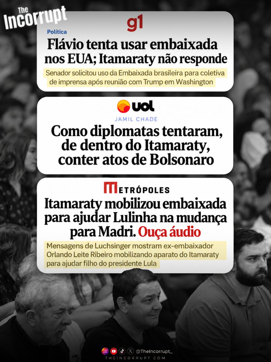 TheIncorrupt_'s tweet photo. 🗣️GRAVE | DOIS PESOS, DUAS MEDIDAS NO ITAMARATY?

Quando Flávio Bolsonaro solicitou o uso da Embaixada do Brasil em Washington para uma coletiva, o Itamaraty sequer respondeu. Durante o governo Jair Bolsonaro, diplomatas também atuaram internamente para conter iniciativas do próprio presidente.

Agora, apuração de Andreza Matais e André Shalders, do Metrópoles, revela tratamento bem diferente: mensagens obtidas pela Polícia Federal indicam que o então embaixador brasileiro em Madri mobilizou funcionários da representação diplomática para auxiliar a preparação da mudança de Lulinha e de sua família para a Espanha.

Segundo a reportagem, uma funcionária foi disponibilizada para acompanhar visitas a escolas, houve orientações sobre bairros e instituições de ensino e até a oferta de uma van para a compra de móveis.

O Itamaraty confirmou que seu setor educacional prestou auxílio relacionado às escolas, mas afirmou que a van não chegou a ser utilizada.

Para os Bolsonaro, silêncio e contenção. Para o filho de Lula, assistência da estrutura diplomática brasileira.

O Itamaraty serve ao Estado brasileiro ou escolhe quem merece ser atendido?

Fonte: apuração de Andreza Matais e André Shalders — Metrópoles.