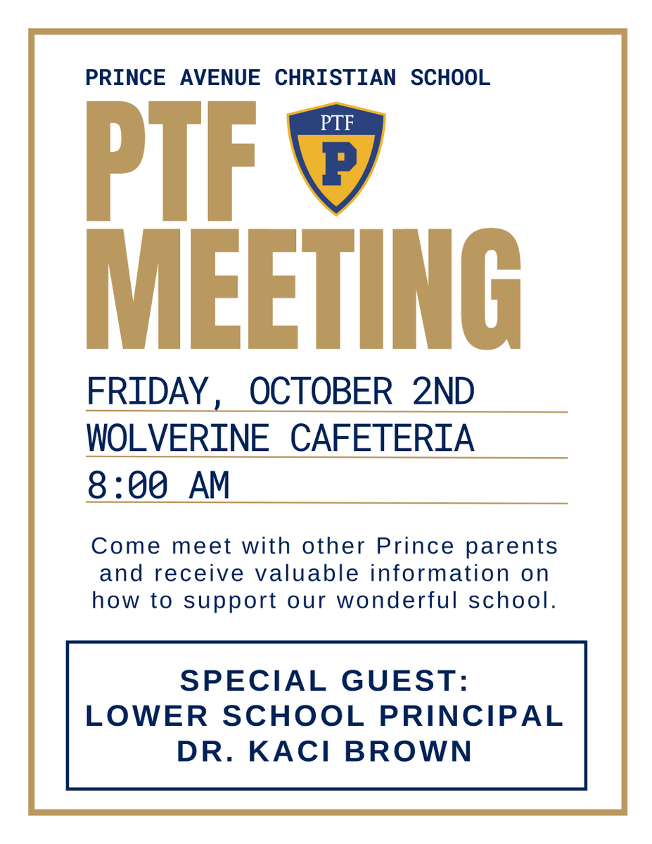 PACSWolverines's tweet photo. Prince Parents, mark your calendars! 

Join us this Friday for our PTF Meeting in the Wolverine Cafeteria, featuring an update from Lower School Principal Dr. Kaci Brown. We’ll also enjoy a delicious treat from Buff Donuts! 

We hope to see you there!  #pacsptf https://t.co/xDYBkjHf0w