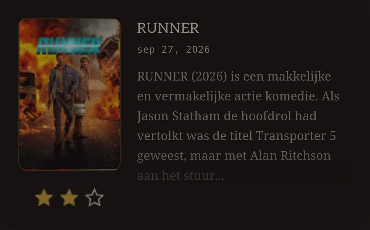 FelixRothuizen's tweet photo. Ik heb zojuist RUNNER (2026) gekeken. Lees mijn korte recensie op https://t.co/dvT9gqkbTv #movieroulette #runner #alanritchson #owenwilson #review https://t.co/dFju4WBZzs