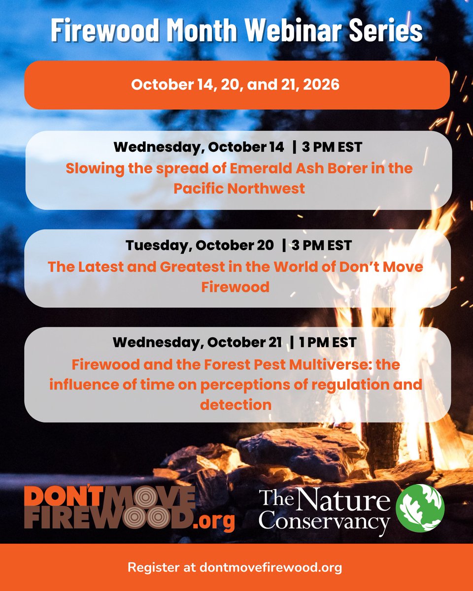 PlayCleanGo's tweet photo. October is Firewood Month! 🍂🪵

Moving firewood can also move invasive insects and diseases to new places. Throughout October, our partners at The Nature Conservancy’s Don’t Move Firewood campaign are hosting three free webinars exploring the firewood pathway, forest pest prevention, and outreach helping protect forests across the country.

Please note: The Firewood and the Forest Pest Multiverse webinar originally scheduled for October 1 has been rescheduled for October 21.

🌲 Oct. 14 | Slowing the Spread of Emerald Ash Borer in the Pacific Northwest
Learn how targeted outreach in Oregon and Washington is building awareness and strengthening networks around firewood and forest health.
🪵 Oct. 20 | The Latest and Greatest in the World of Don’t Move Firewood

Meet the Don’t Move Firewood team and learn about campaign resources, outreach efforts, and updates affecting firewood movement in the U.S.
🌳 Oct. 21 | Firewood and the Forest Pest Multiverse
Explore how the time between pest establishment and detection can shape public understanding, outreach, and regulatory action.

Whether we’re camping, heating our homes, or enjoying a backyard fire, we can all help protect the places we love: buy it where you burn it, buy certified heat-treated firewood, or gather firewood on site where permitted.
Register for one or all three and join us for Firewood Month! Visit: https://t.co/H3XJpieb0a
#FirewoodMonth #DontMoveFirewood #PlayCleanGo #InvasiveSpecies #ForestHealth