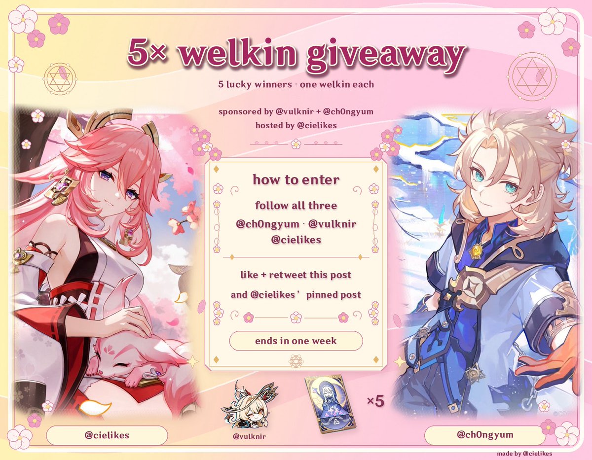 cielikes's tweet photo. 🩷  5x  welkin · 5  lucky  winners
‘‘ celebrating  vesna + vodyanitsa ’’

꒰ 🌷 ꒱  all  entry  details  in  the  image
⤿  who  are  you  pulling  for?

. .  ends  in  one  week  ♡

#genshintwt #genshinimpact https://t.co/QO0MKidvFa