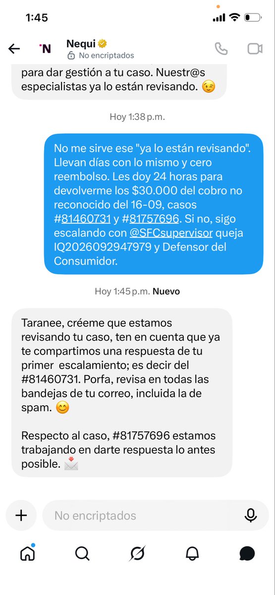 TaraHencker's tweet photo. Relata: cobro no reconocido Nequi 16-09 $30.000, casos #81460731 #81757696, @Nequi no reembolsa, solo ignora y no da respuesta concreta solo de aqui para allá y de allá para aquí https://t.co/FM0qRojXGK