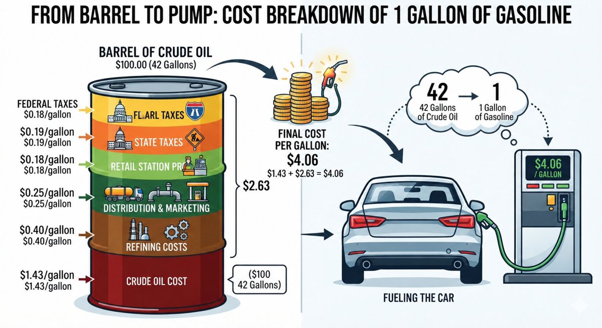 Bonaparte20's tweet photo. ⛽ What determines the price at the pump? Crude oil is only part of the bill. Refining, distribution, marketing, taxes, and retail margins all contribute to what drivers pay.

Understanding the breakdown helps us understand gasoline prices change.

#GasPrices #Energy #Economics https://t.co/sapWuXRsUI