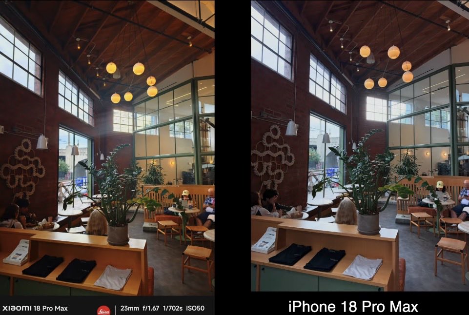 Androiq's tweet photo. Camera Shootout! 📸 Xiaomi 18 Pro Max vs iPhone 18 Pro Max

Left: Xiaomi brings richer contrast, deeper shadows, and warmer tones (classic Leica vibe).
Right: iPhone offers brighter shadows, cooler tones, and a more neutral look.

Which style do you prefer? Let me know! 👇

#Xiaomi18ProMax #iPhone18ProMax #Tech #CameraTest #SmartphonePhotography