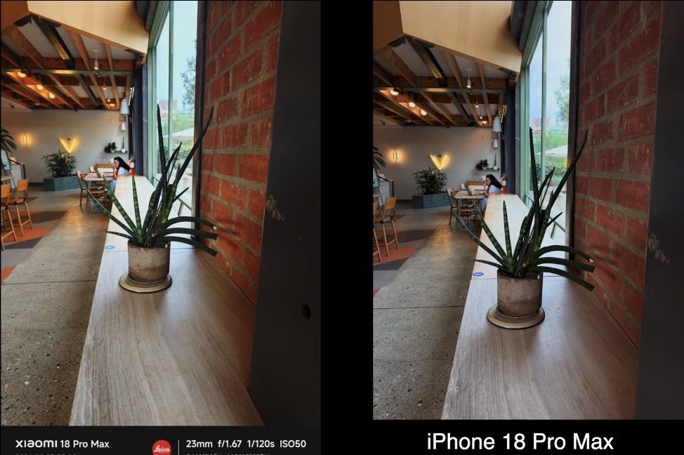 Androiq's tweet photo. Camera Shootout! 📸 Xiaomi 18 Pro Max vs iPhone 18 Pro Max

Left: Xiaomi brings richer contrast, deeper shadows, and warmer tones (classic Leica vibe).
Right: iPhone offers brighter shadows, cooler tones, and a more neutral look.

Which style do you prefer? Let me know! 👇

#Xiaomi18ProMax #iPhone18ProMax #Tech #CameraTest #SmartphonePhotography
