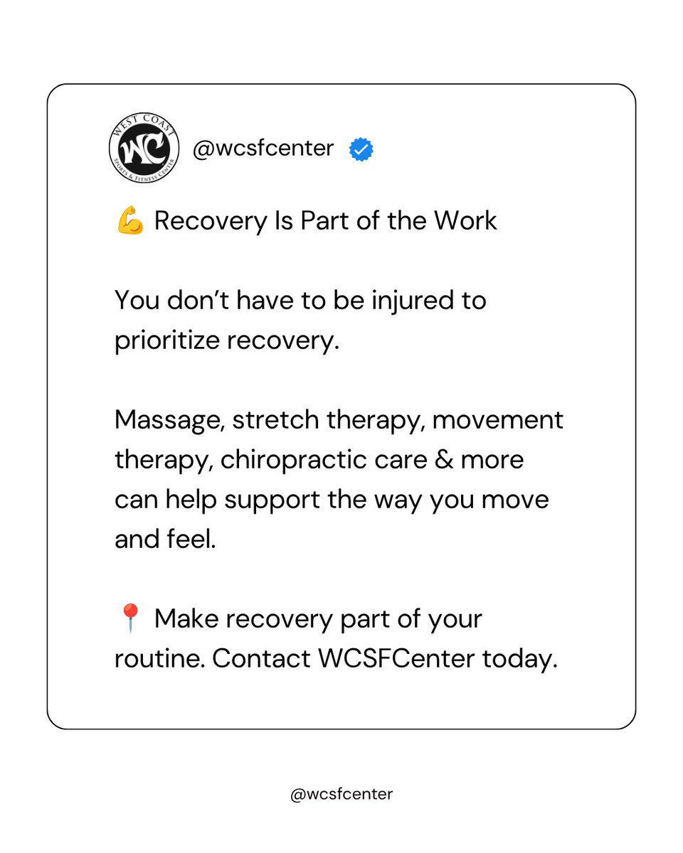WCSFCenter's tweet photo. Recover Smart.

Whether you're #active every day or just getting back into a routine, #recoverymatters. Take care of your #body so you can keep doing the things you love.

💪 Ready to #prioritize recovery? Call #WCSFCenter today at 310-327-1325 ☎️📅←

#Recovery #Healing #Health https://t.co/0xE7IsaQ8E
