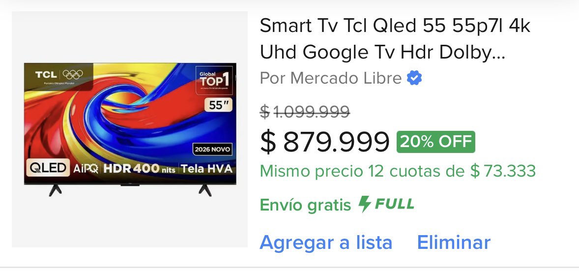 ofertasdar's tweet photo. Llevate la mejor tecnología de imagen QLED de 55" en 12 cuotas fijas al mismo precio. Acceso a todas tus plataformas de streaming con Google 
💸 $879.999 (¡20% de descuento imperdible!) 🚚 Envío Gratis 
💳 12 cuotas sin interés de $73.333
Compra en Mercado Libre Argentina 👉 https://t.co/n8MRrIRDR9