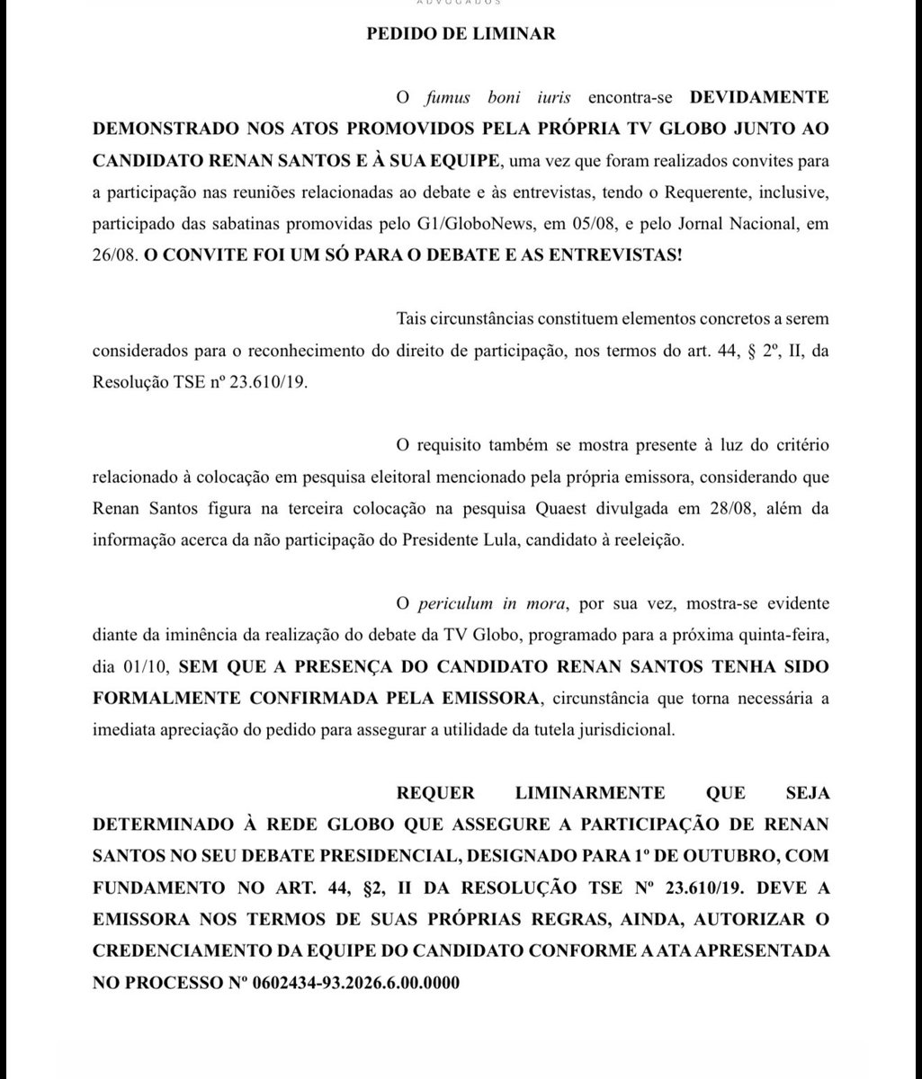 SamPancher's tweet photo. Campanha de Renan Santos entra com pedido de liminar no TSE para que candidato do Missão participe do debate da TV Globo https://t.co/SQ0kRs1cwy