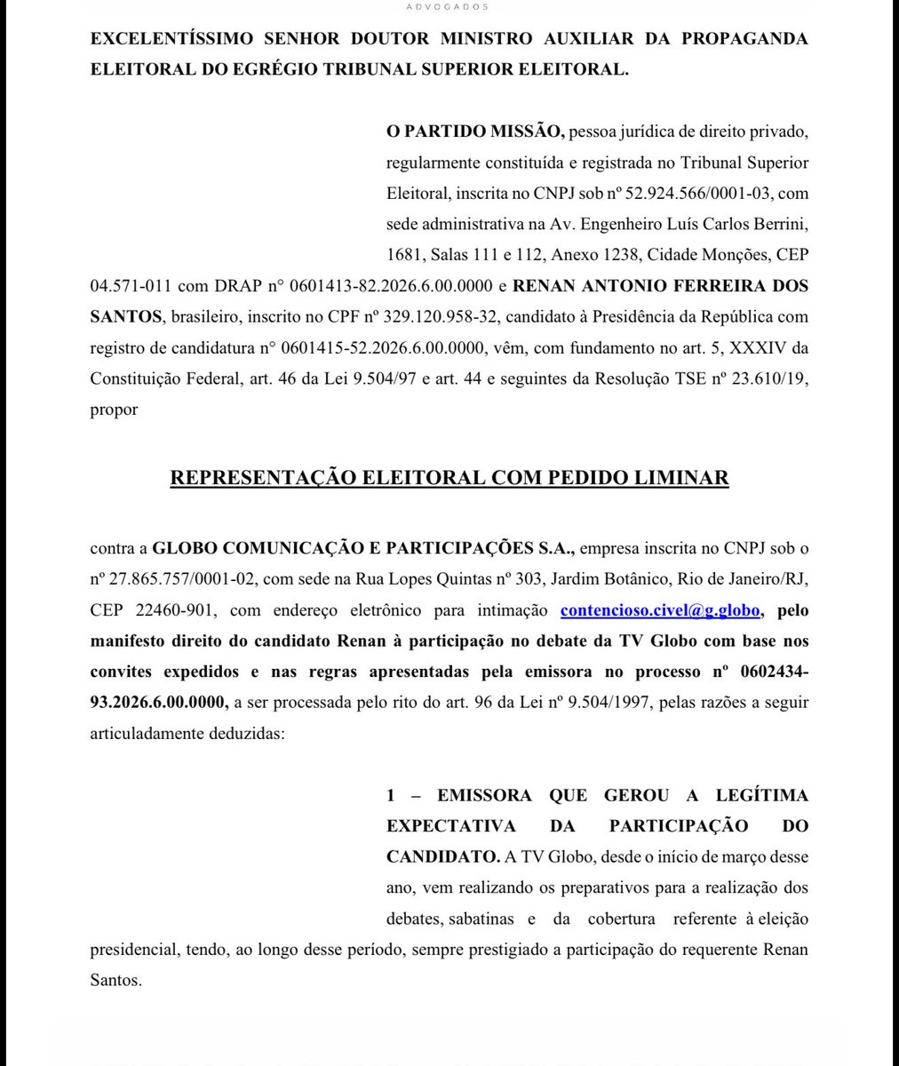 SamPancher's tweet photo. Campanha de Renan Santos entra com pedido de liminar no TSE para que candidato do Missão participe do debate da TV Globo https://t.co/SQ0kRs1cwy