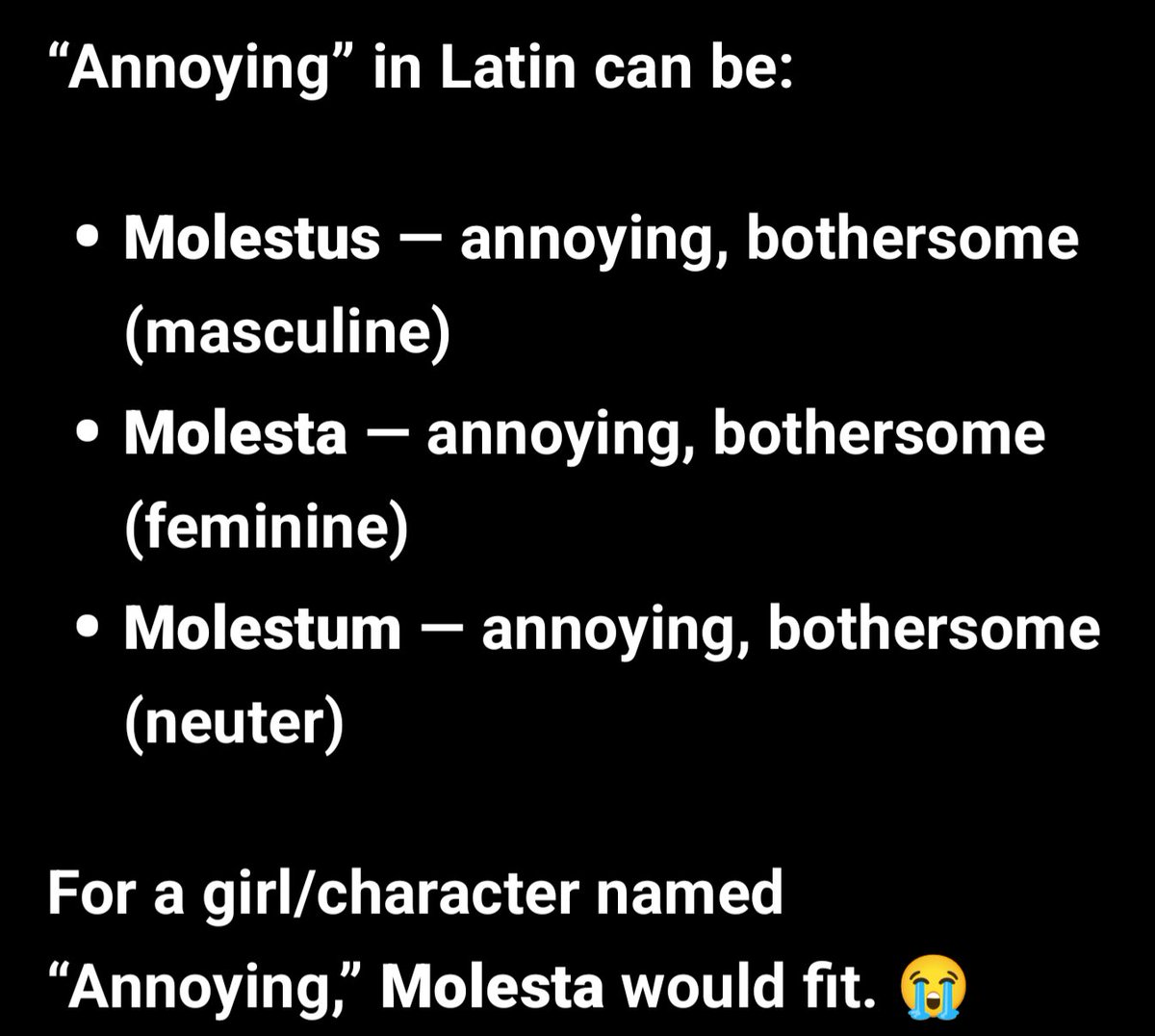 radplasm's tweet photo. "Annoying" in Latin is WHAT NOW??!😭😭💔 https://t.co/bhNk7MvzCz