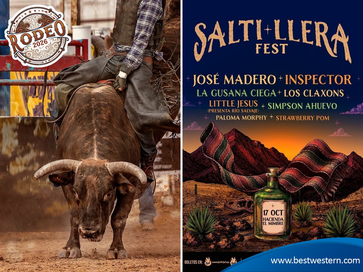 BW_Saltillo's tweet photo. ¡Western o Rock, en #Saltillo estamos listos para tus mejores eventos! 🤠🎸

📍 10 min: Festival Rodeo (15–18 oct) 🐂 
📍 15 min: La Saltillera Fest (17 oct) 🎶

¡Tarifas con desayuno continental incluido! 🥐☕🏨

👇 ¡Reserva hoy! 📞 +52 844 438 9330 🌐 https://t.co/wd3ToV2kT9 https://t.co/K3znOgB0ho