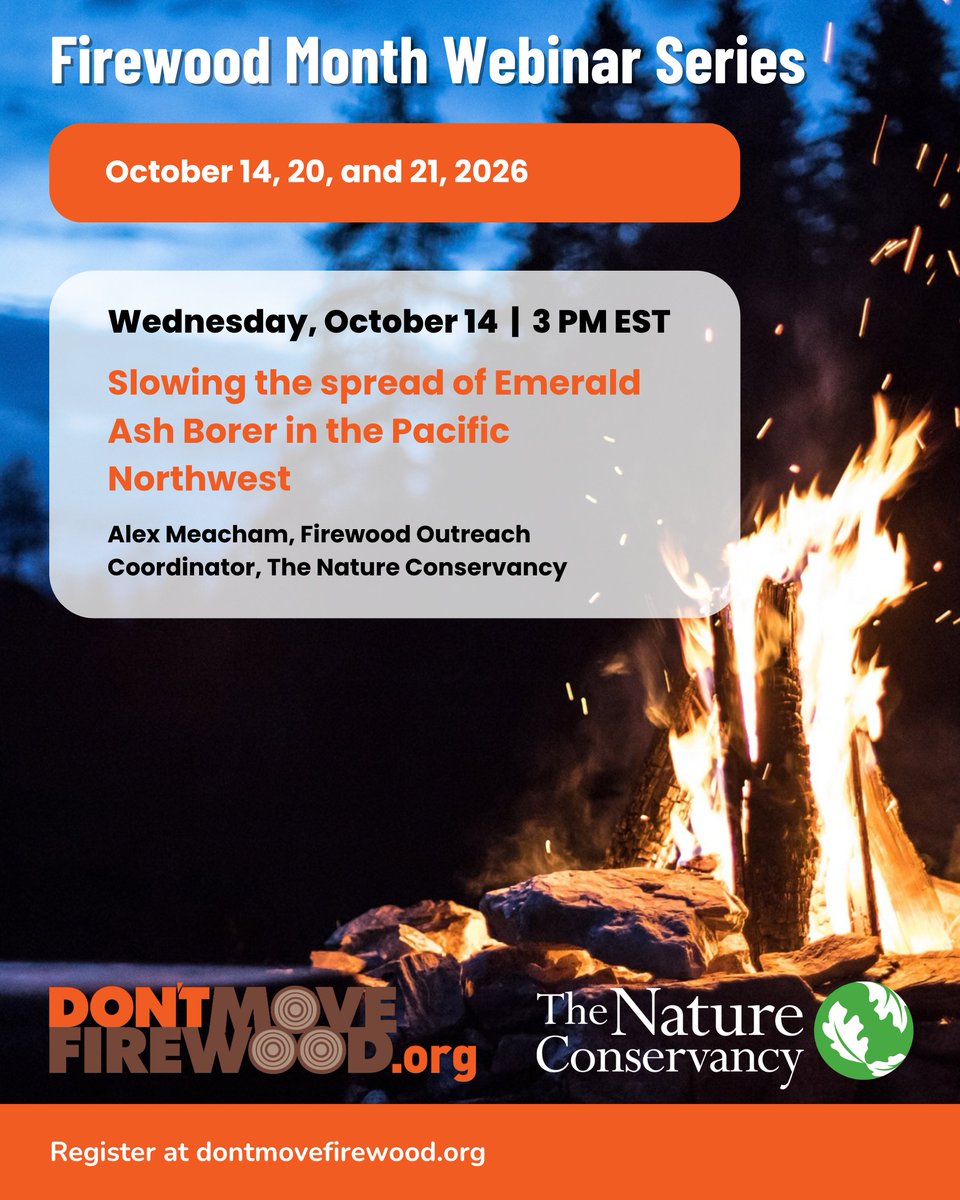 PlayCleanGo's tweet photo. Coming up this week for Firewood Month! 🪵🌲

Join our partners at The Nature Conservancy’s Don’t Move Firewood campaign for "Slowing the Spread of Emerald Ash Borer in the Pacific Northwest."

📅 Wednesday, October 14
⏰ 3 p.m. Eastern
🎤 Alex Meacham, Firewood Outreach Coordinator, The Nature Conservancy

Following new emerald ash borer detections and regulations in the Pacific Northwest, the Don’t Move Firewood campaign has expanded targeted outreach in Oregon and Washington to build awareness and strengthen connections around firewood and forest health.

Hear how this work is reaching communities across the region and helping people understand the role we can all play in reducing the movement of invasive forest pests through firewood.

Register today to join the conversation at: https://t.co/H3XJpidDaC

#FirewoodMonth #DontMoveFirewood #PlayCleanGo #EmeraldAshBorer #ForestHealth #InvasiveSpecies