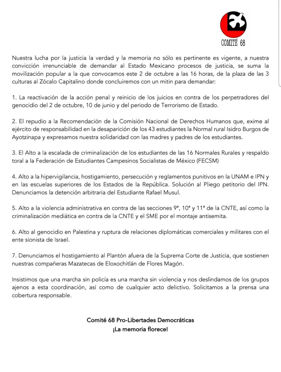 BrigadaAltaVoz's tweet photo. A 58 años, la impunidad sigue. Pero la nueva FEINDESOPP puede cambiar la historia. La SCJN estableció que los crímenes de lesa humanidad son imprescriptibles. Que los archivos de la SEDENA lleguen a la Fiscalía, no al AGN #2DeOctubreNoSeOlvida

2 oct  de Tlate al Zócalo 14 hrs. https://t.co/3uf4jlpn17