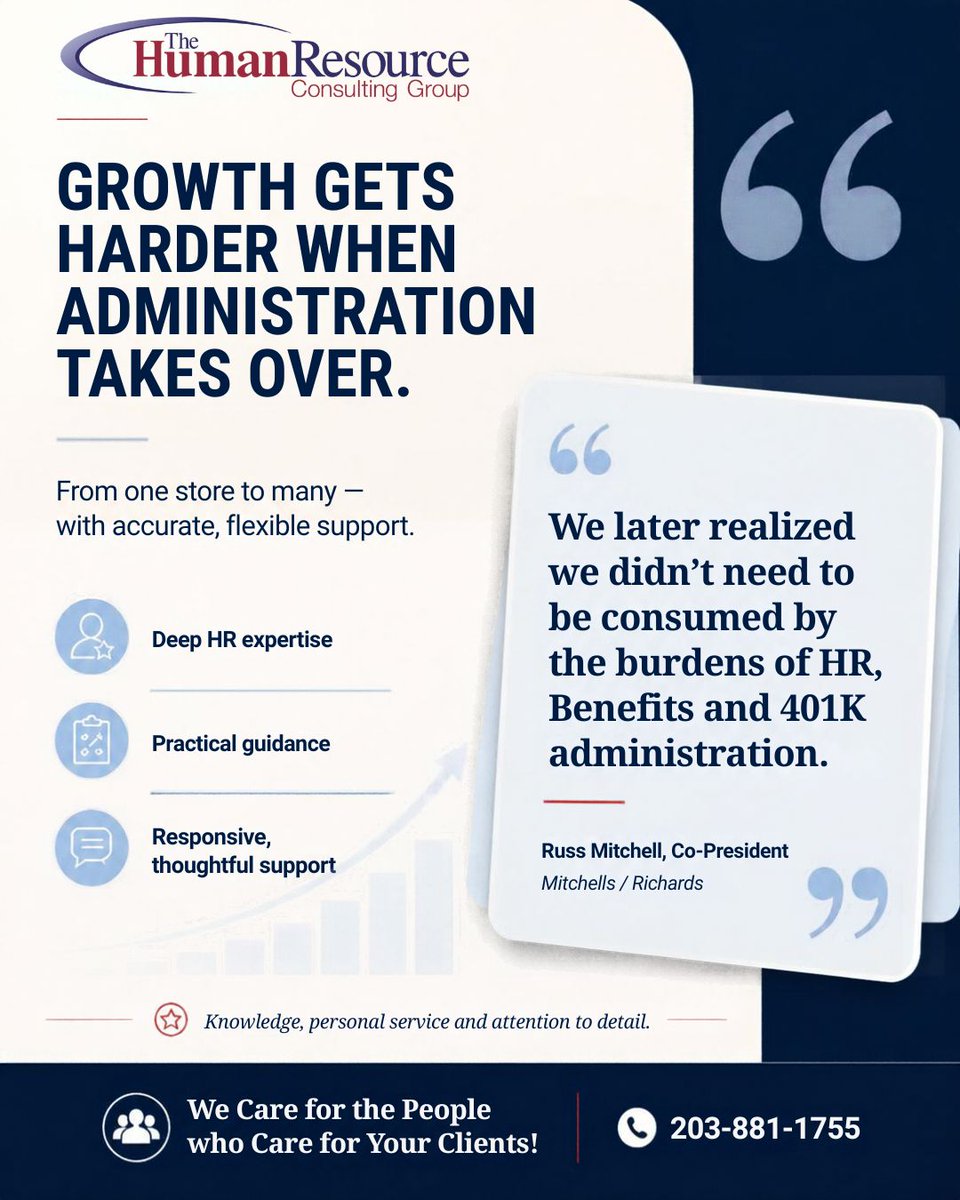 thehrcg's tweet photo. Growth shouldn’t mean getting buried in HR administration.

HRCG helps growing organizations manage HR, benefits, and more with experienced, responsive support.

📞 203 881 1755
✉️ info@hr-consulting-group.com
🌐 https://t.co/IDJ95lLDmk

#HR #HRConsulting #BusinessGrowth https://t.co/VlxVAerngK