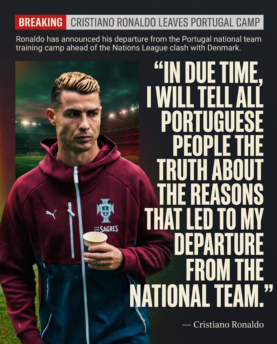 samipress's tweet photo. 🚨💣 BREAKING: Cristiano Ronaldo has officially announced that he has LEFT the Portugal national team camp. 🇵🇹

Ronaldo says he will reveal the truth behind his departure “in due time” and has wished Portugal and his teammates good luck. https://t.co/uD43uFpc6x