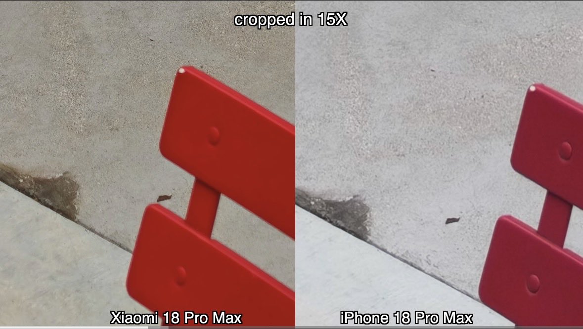 Androiq's tweet photo. Zoom test: Xiaomi 18 Pro Max vs. iPhone 18 Pro Max! 📸🔍
At 35X zoom, Xiaomi retains significantly more detail and sharpness on the plant's texture. 🌿
Even at 15X zoom, Xiaomi delivers punchier colors and cleaner edges on the red surface. 🔴  
Which zoom performance do you prefer? 👇
#Xiaomi18ProMax #iPhone18ProMax #Tech #SmartphonePhotography #ZoomTest
