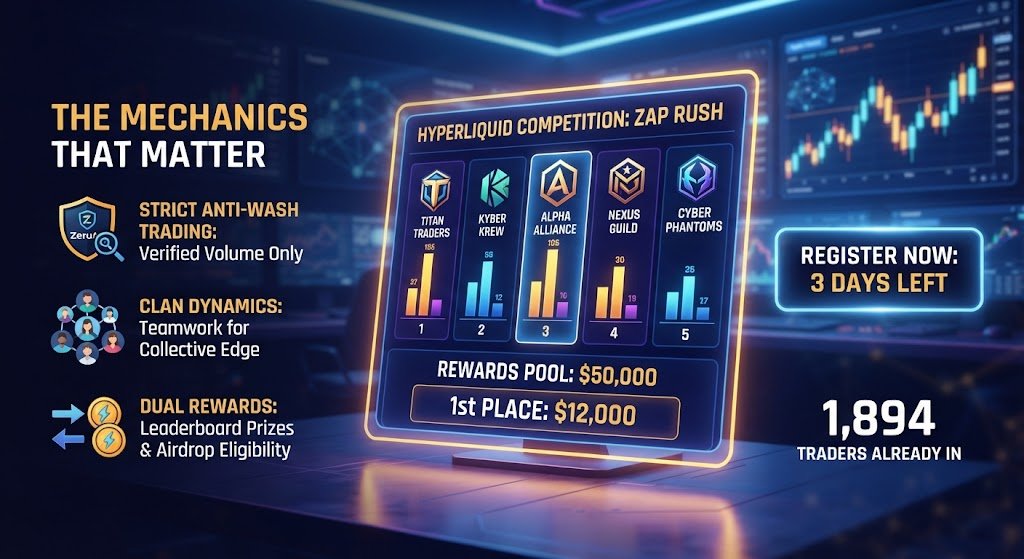 Somed07's tweet photo. Good night !!

If you’re already active on Hyperliquid perpetuals, competing through structured campaigns is usually a no-brainer provided the execution and tracking are clean.

What @zerufinance  is doing with this 4-week Ditto trading competition adds a clear incentive layer with a $50,000 prize pool ($12,000 locked for 1st place) alongside potential $ZERU airdrop positioning.

The mechanics that matter:

Strict Anti-Sybil/Wash Trading:ZeruAI actively filters out fake volume, meaning genuine trading strategy actually wins.

Clan Dynamics: With nearly 1,900 traders split across 25 clans already, teamwork and collective volume add a solid competitive edge.

Dual Rewards: Earning zaps counts toward both immediate leaderboard prizes and long-term ecosystem positioning.

Registration windows for these events close fast. Are you joining an existing clan or riding solo for this round?