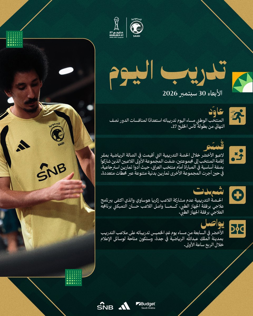 SaudiNT's tweet photo. الأخضر يعاود تدريباته تحضيرًا لمواجهة الدور نصف النهائي من كأس الخليج 27. 🇸🇦
🔗 https://t.co/6HQt7bRTv3 .
#هذا_الأخضر https://t.co/TZEjHVTTWq