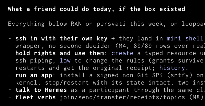 A screenshot of text discussing capabilities a friend could perform on 'persvati' via loopback, including SSH access, holding rights, running apps, and talking to Hermes, with references to M4 and M8.