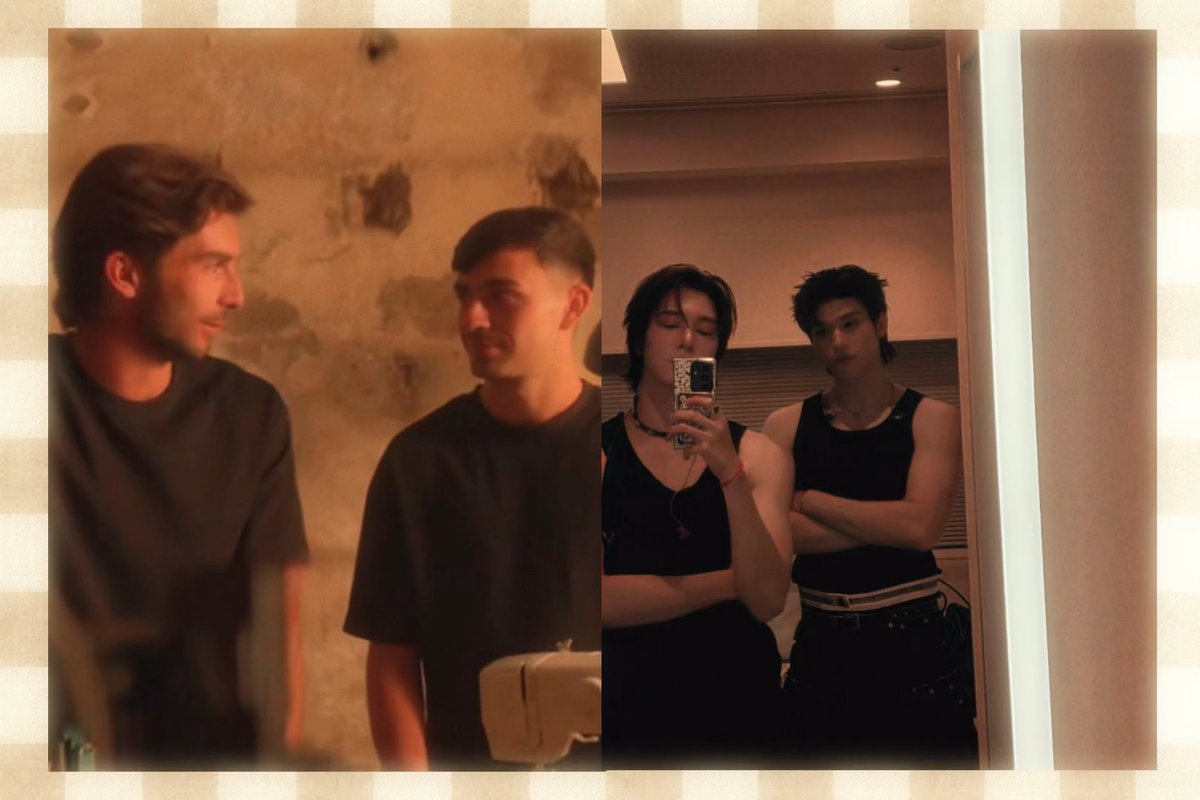 A collage showing two pairs of young men; on the left, two men stand in a rustic setting, and on the right, two men take a mirror selfie in a bathroom.