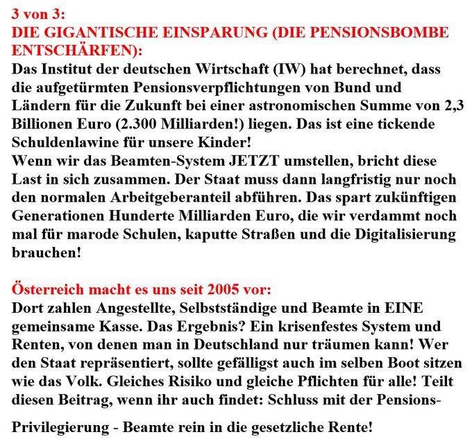 timmer_tho23189's tweet photo. @sparbuchfeinde Warum die Politik, Beamten-Ökonomen und Wirtschaftsnahe Medien reden wie sie reden und nur gegen Renten wettern!

Weil die Pensions 💣 bald platz!
Sie wollen ihr Pensions-System schützen auf Kosten der Renten und GKV! 😡👇 https://t.co/Ss5SpiwYft