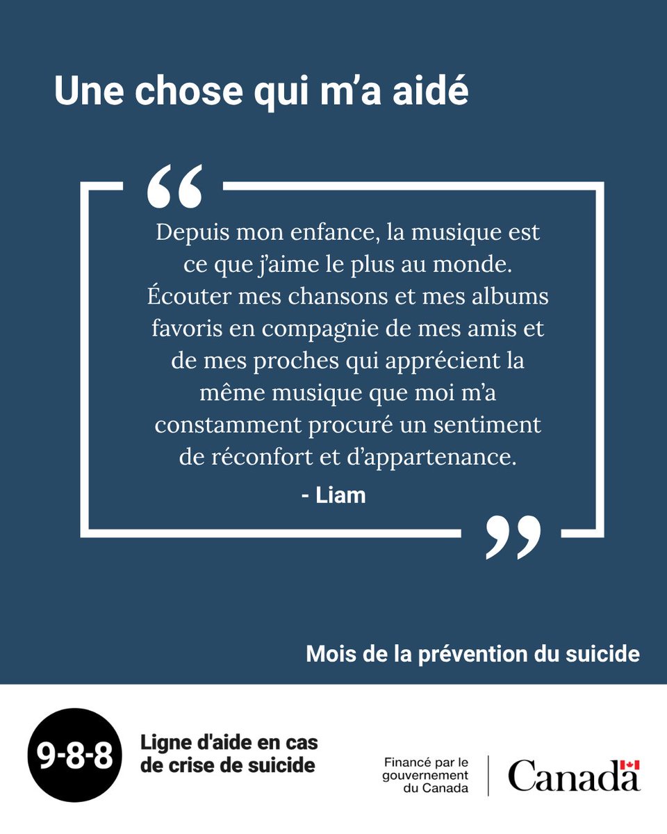 988Canada's tweet photo. Ce qui vous aide à traverser un moment de crise peut être différent pour chaque personne. À l’occasion de la mois de la prévention du suicide nous avons demandé à des personnes qui conseillent au 9-8-8 de partager une chose qui les a aidées lorsqu'elles en avaient le plus besoin. https://t.co/Larn5AVNJ7