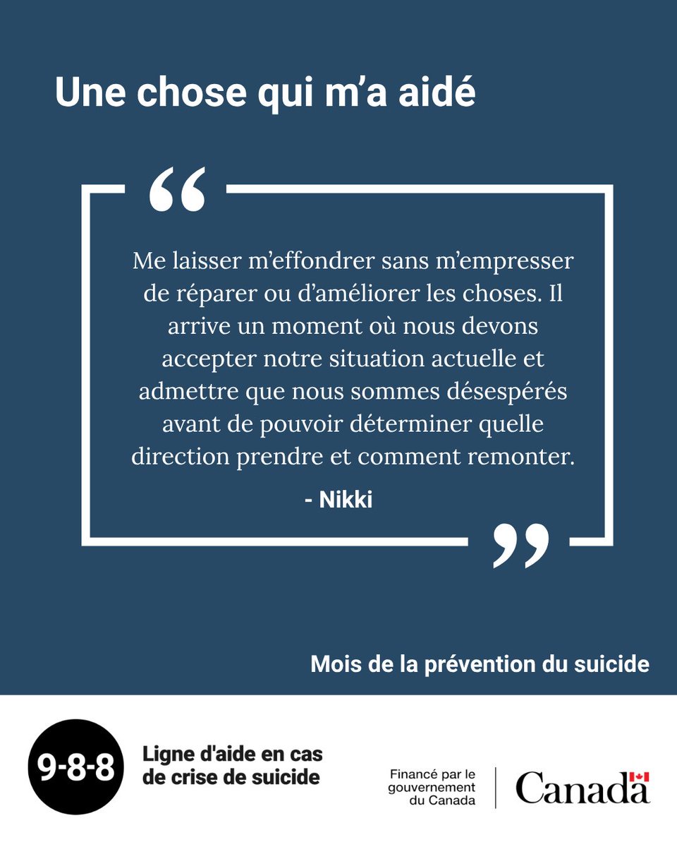 988Canada's tweet photo. Ce qui vous aide à traverser un moment de crise peut être différent pour chaque personne. À l’occasion de la mois de la prévention du suicide nous avons demandé à des personnes qui conseillent au 9-8-8 de partager une chose qui les a aidées lorsqu'elles en avaient le plus besoin. https://t.co/Larn5AVNJ7