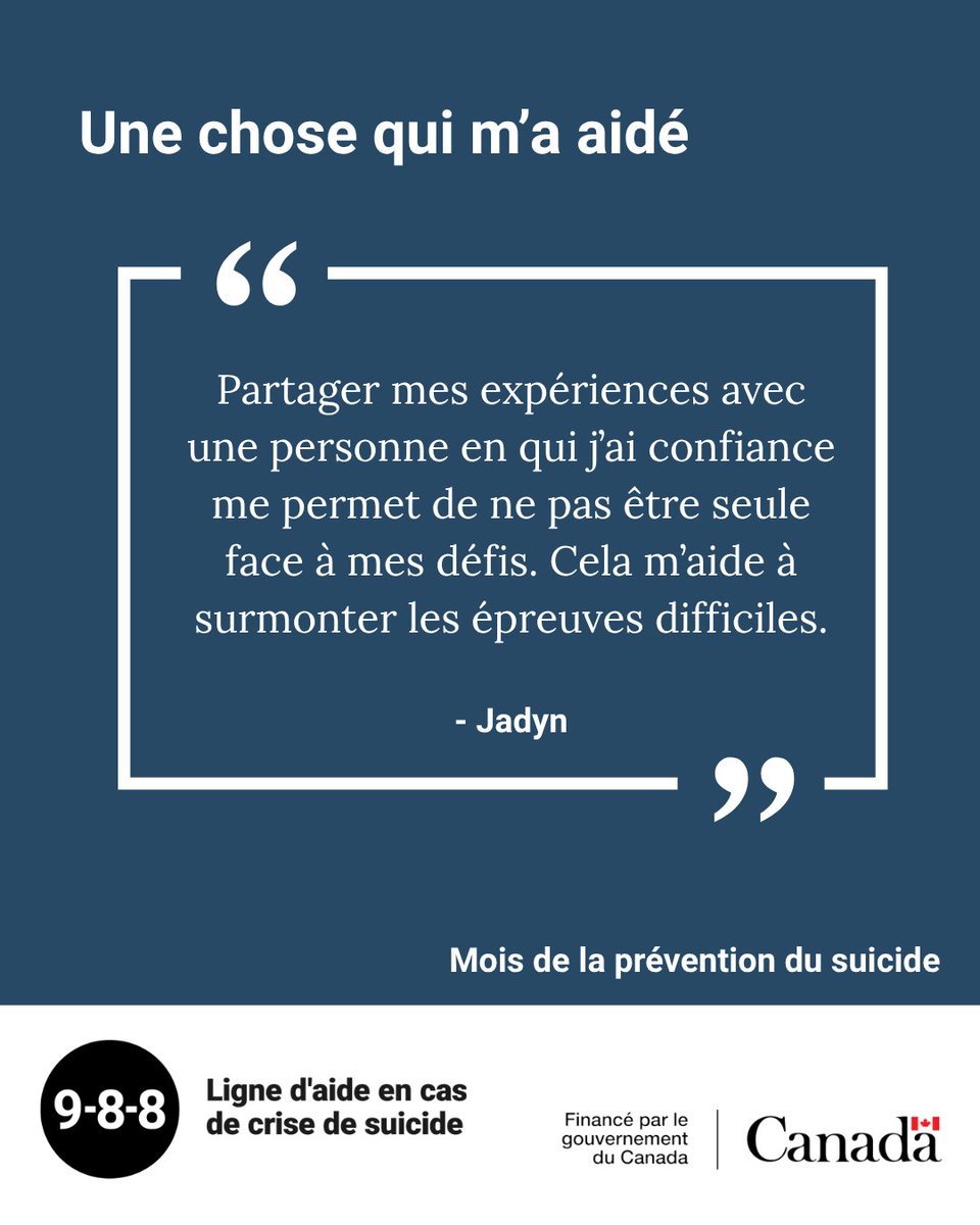 988Canada's tweet photo. Ce qui vous aide à traverser un moment de crise peut être différent pour chaque personne. À l’occasion de la mois de la prévention du suicide nous avons demandé à des personnes qui conseillent au 9-8-8 de partager une chose qui les a aidées lorsqu'elles en avaient le plus besoin. https://t.co/Larn5AVNJ7