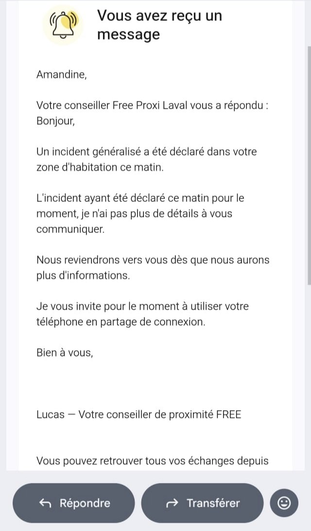 amalepec's tweet photo. @free est ce que je peux savoir où ça en est ? Depuis ce matin nous n'avons plus internet et la seule réponse que j'ai reçu, c'est d'utiliser mon partage de connexion... https://t.co/OwUHmuqARP