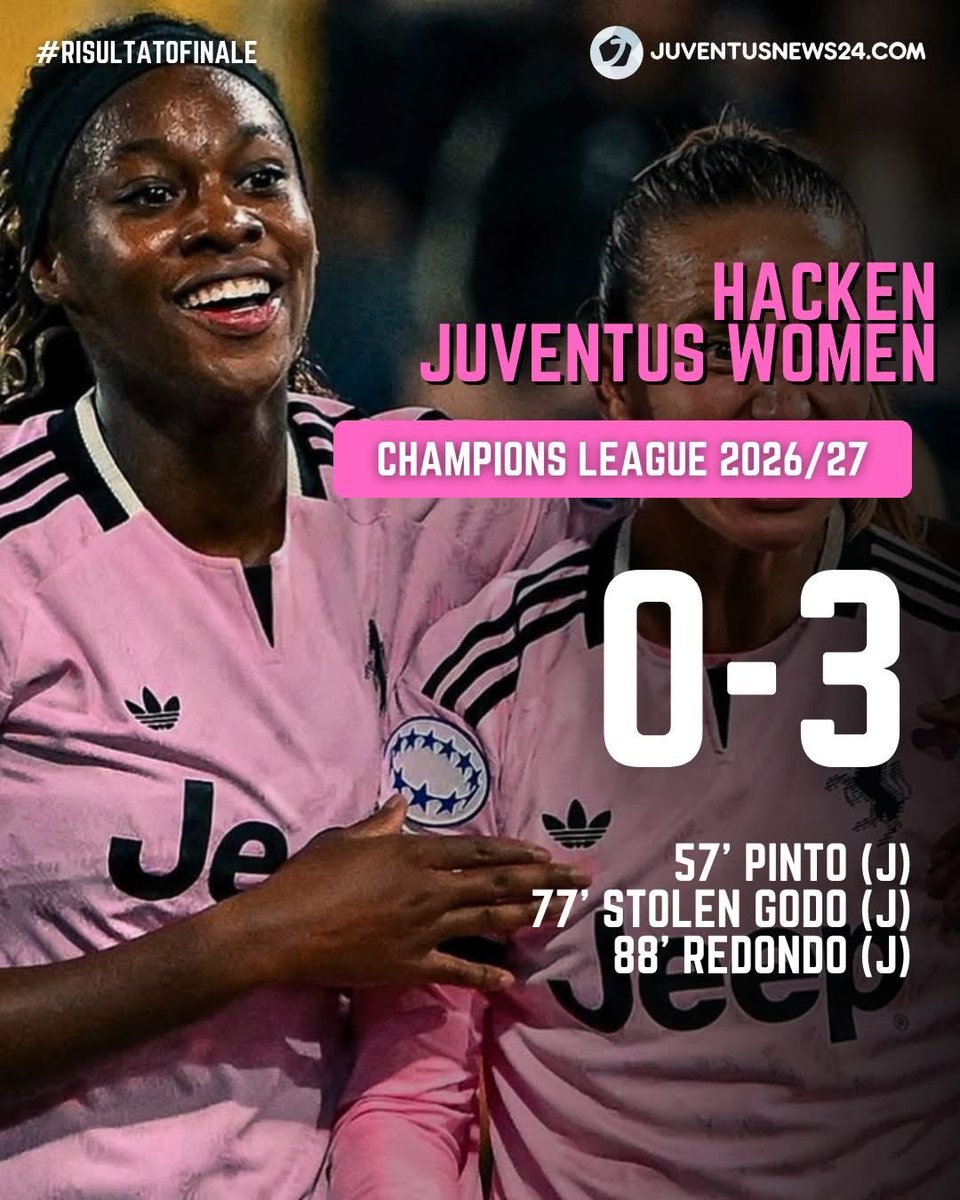 junews24com's tweet photo. 👏 Tris della Juventus Women sull'Hacken e prima vittoria nel League Stage di Champions
⚽⚽⚽  Decidono i gol nella ripresa di Pinto, Stolen Godo e Redondo
🆗 La Juve si riscatta dopo il ko col Benfica

#juventusnews24 https://t.co/mZrO92jwCw