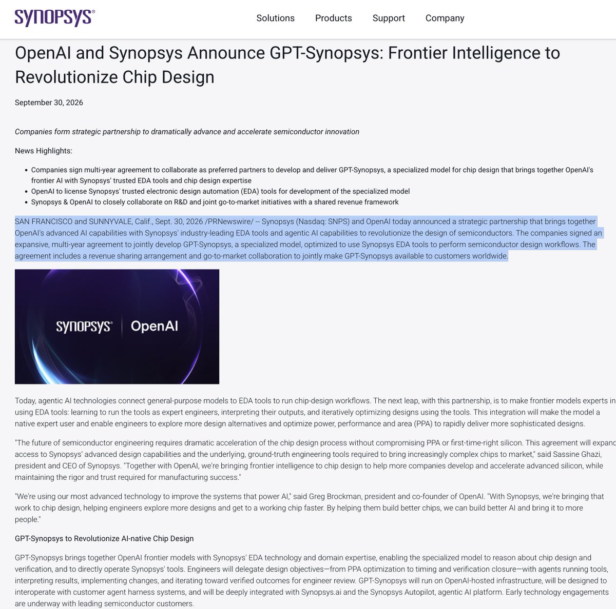 firstadopter's tweet photo. AI needs Synopsys's expertise

"SAN FRANCISCO and SUNNYVALE, Calif., Sept. 30, 2026 /PRNewswire/ -- Synopsys (Nasdaq: SNPS) and OpenAI today announced a strategic partnership that brings together OpenAI's advanced AI capabilities with Synopsys' industry-leading EDA tools and agentic AI capabilities to revolutionize the design of semiconductors. The companies signed an expansive, multi-year agreement to jointly develop GPT-Synopsys, a specialized model, optimized to use Synopsys EDA tools to perform semiconductor design workflows. The agreement includes a revenue sharing arrangement and go-to-market collaboration to jointly make GPT-Synopsys available to customers worldwide."
