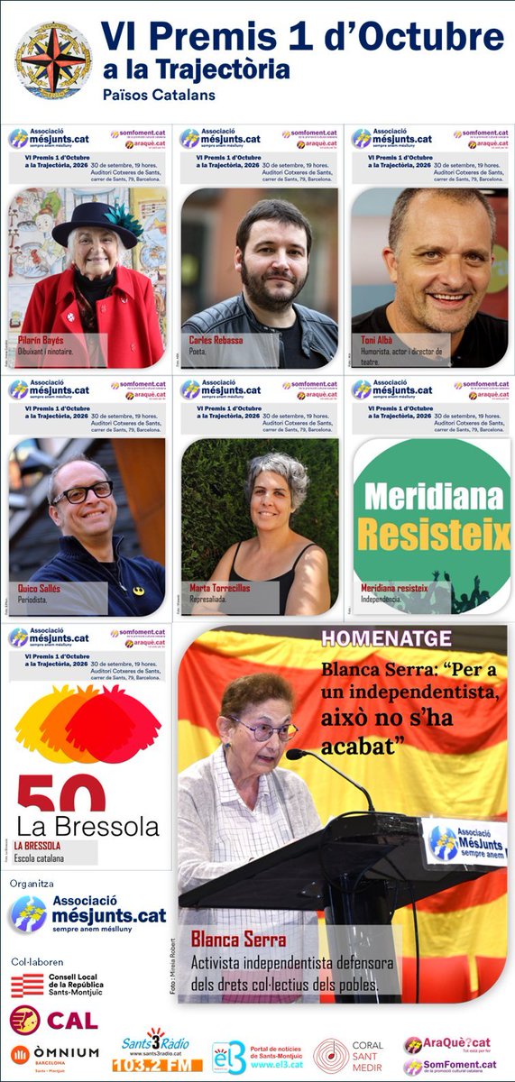 REvolucionemNos's tweet photo. 📢📌 Avui s'ha celebrat l'acte  VI Premis 1 d'Octubre a la trajectòria, amb un reconeixement i record a la nostra companya i cofundadora #BlancaSerra. 
El nostre company i també cofundador de #RE, en @tonialba ha recordat la Blanca i la seva empenta. 
Després de ridiculitzar la democràcia espanyola fent un joc de cartes amb el públic ens deixa el missatge: ..."avancem de manera sincronitzada cap a la  #Independència". 

Per molts anys #ToniAlbà per aquest reconeixement a la trajectòria als Països Catalans. #REvolucionemNos❗
