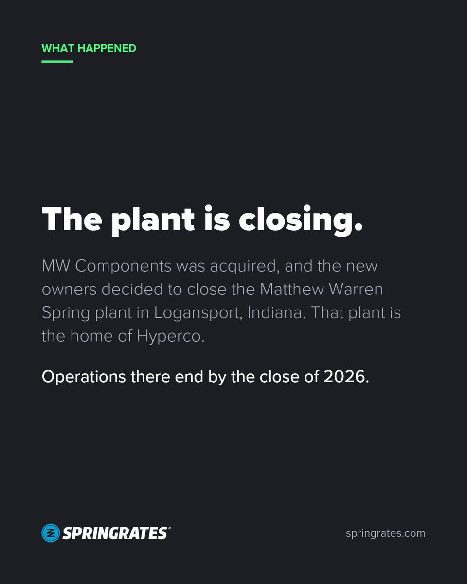 springrates's tweet photo. Hyperco is closing.

MW Components was acquired, and the new owners are closing the Matthew Warren Spring plant in Logansport, Indiana. That plant is the home of Hyperco, and operations there end by the close of 2026.

Hyperco has already stopped taking any order that needs new production. Everything still for sale comes from stock that already exists, so once a rate and size runs out, that is the end of it.

There is a real record behind those springs. 56 Indy 500 winners in a row ran them. Jim Clark won Indy in 1965 on the coilover springs that became Hyperco. They were picked as the exclusive spring supplier for NASCAR's Next Gen car.

We still have Hyperco on the shelf: coilover springs, conventional springs, bump springs, helpers, and the hydraulic perch.

https://t.co/V9OsVMkMeK