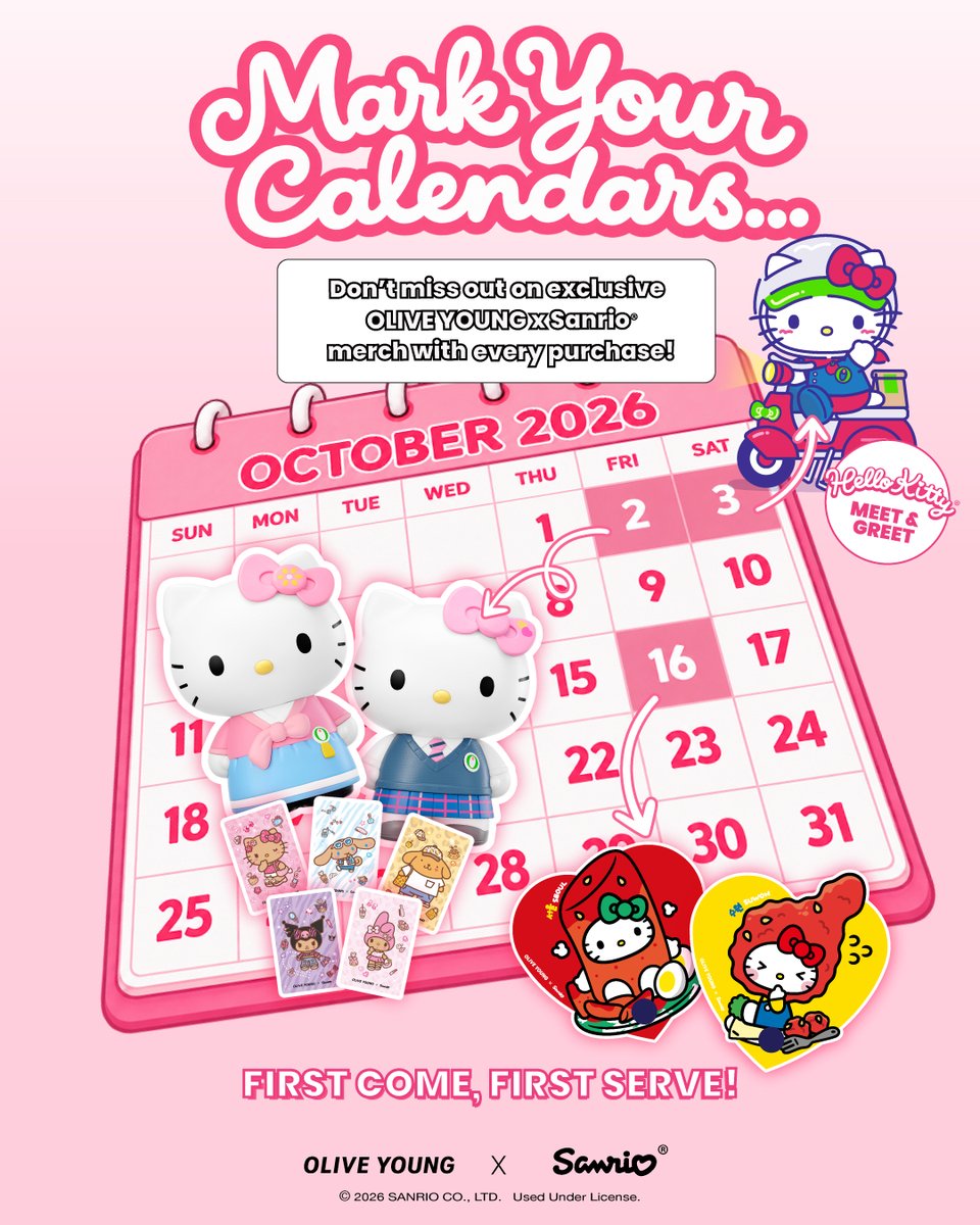 oliveyoung_us's tweet photo. October just got a whole lot cuter 👀✨ OLIVE YOUNG x @sanrio is here! 💚
From limited-edition merch events to collab items, look out for these dates throughout October 🎁 Which are you most excited for? 🎀

#oliveyoung #oliveyoungus #comingsoon
#hellokitty #sanrio https://t.co/GgE8RBxifb