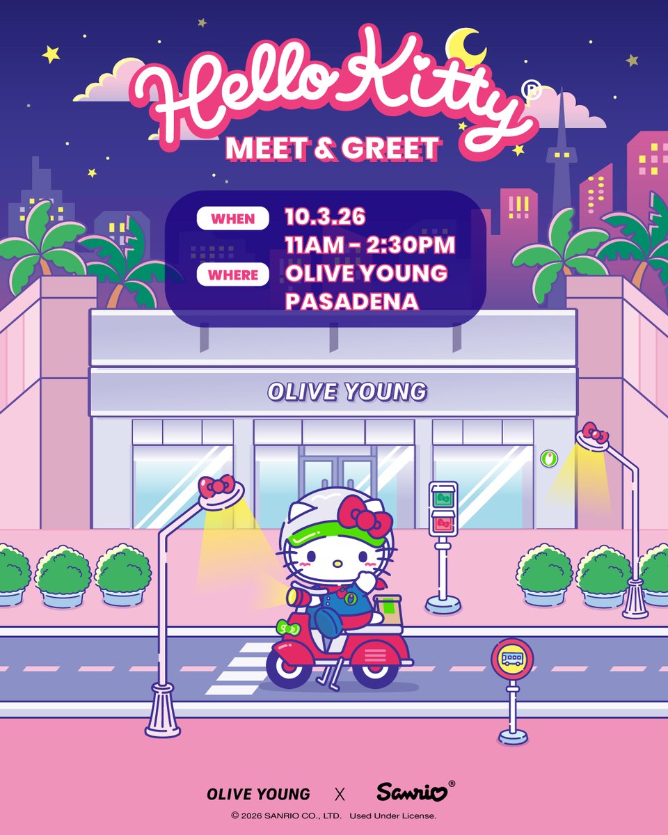 oliveyoung_us's tweet photo. @hellokitty is coming to OLIVE YOUNG Pasadena! 🎀💚
Come meet Hello Kitty in person and shop all the adorable character collabs and exclusive beauty finds you don’t want to miss! 

📍 OLIVE YOUNG Pasadena 
🗓️ 10/3/26 from 11am-2pm

#oliveyoung #oliveyoungus #hellokitty #sanrio https://t.co/JpJbvOdYIz