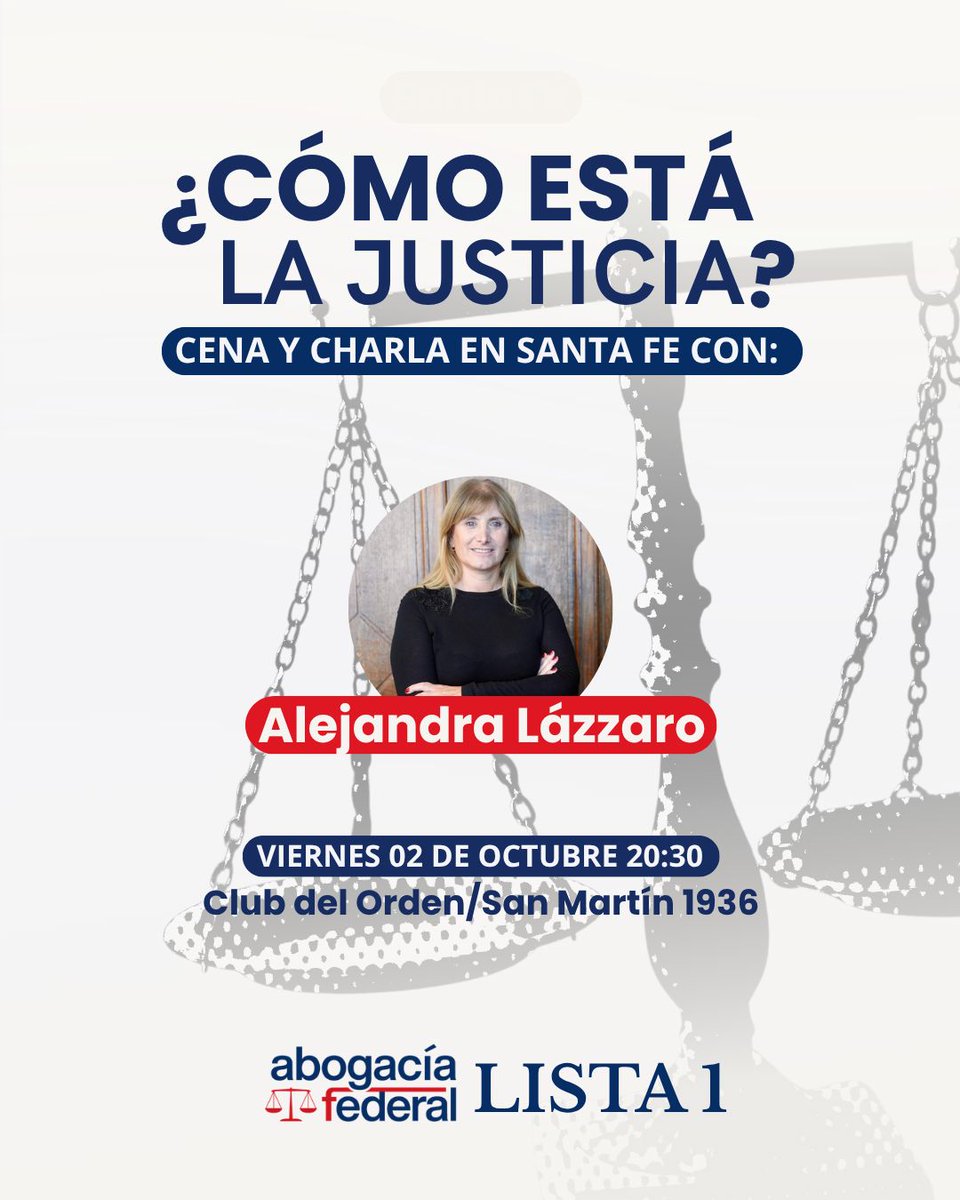 MPiedecasas's tweet photo. ⚖️ Cena y charla en Santa Fe junto a Alejandra Lázzaro

📅 Viernes 02/10
⏰ 20:30 hs
📍 Club del Orden (San Martín 1936) https://t.co/GTJjt7r0gz