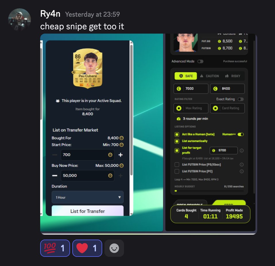 FutSnipeBot's tweet photo. Love seeing this from the community 😄🔥

People are already finding cheap FC 27 snipes with Elite FUT Bot and sharing their wins in Discord.

This one grabbed Pau Cubarsí for 8.4K 👀

That’s exactly what the community is for:
⚡ Daily snipes
💰 Trading tips
🎯 Filters
📈 Coin-making methods
🤖 FC 27 FUT Sniping Bot

Join us:
https://t.co/PXcb14tcC4

#FC27 #FUT27 #UltimateTeam #FC27Coins #FUTTrading #SnipingBot