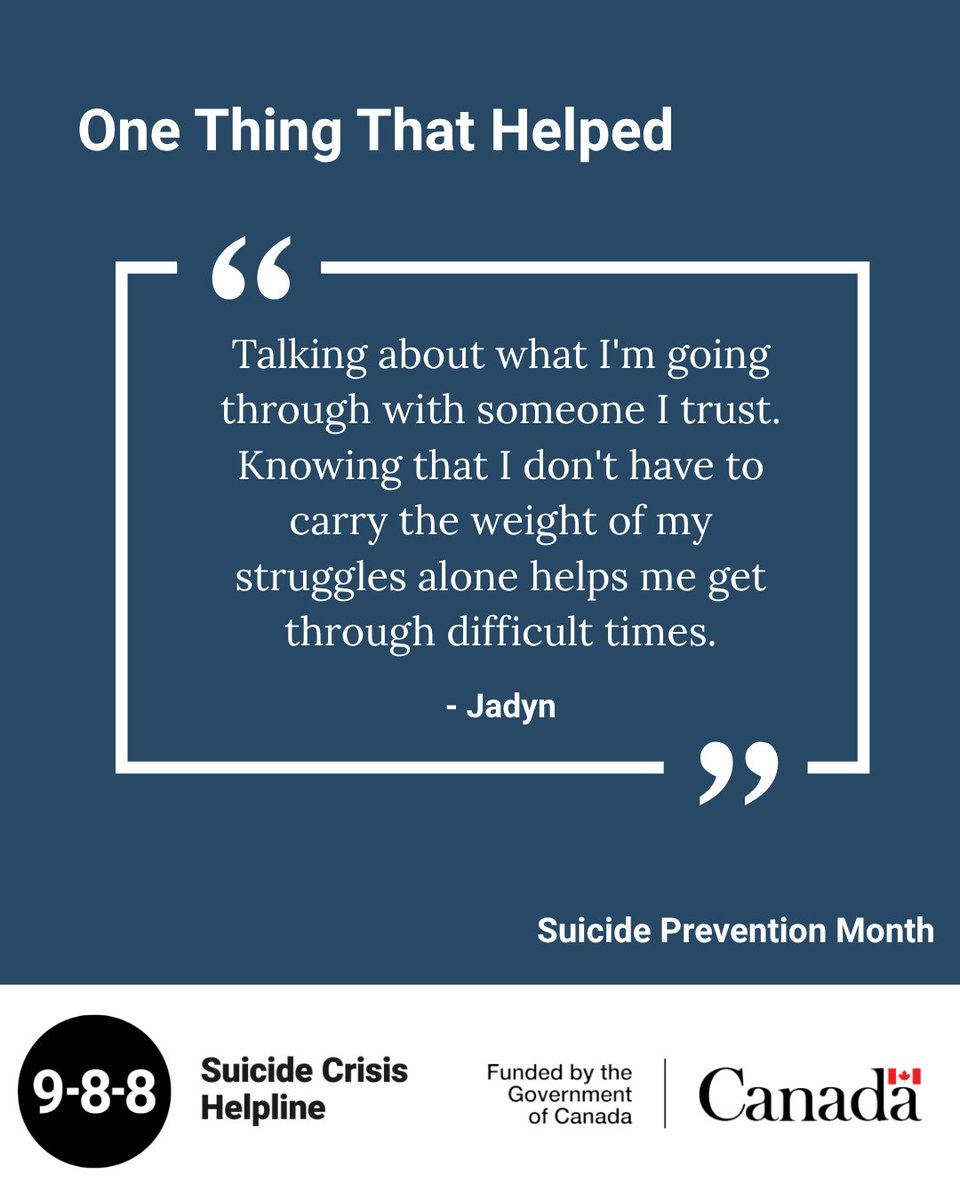 988Canada's tweet photo. The thing that gets you through a moment of crisis can be different for everyone. For Suicide Prevention Month, we asked some of the people who advise and work on 9-8-8 to share one thing that helped them when they needed it most. #988Canada https://t.co/r9P4zRxZhf