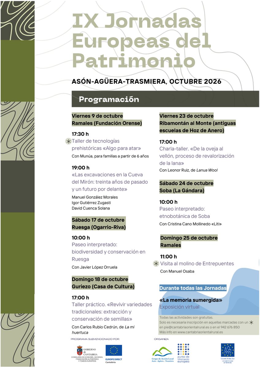 RamalesInforma's tweet photo. ✅  IX Jornadas Europeas del Patrimonio Asón-Agüera-Trasmiera
Amplio programa de actividades del 9 al 25 de octubre de 2026

Información e inscripciones:
👉 https://t.co/QySnX6Ux8u
☎️ 942 676 8 50
📧 pie@cantabriaorientalrural.es

#Ramales #RamalesdelaVictoria #Patrimonio #JEP26 https://t.co/dJ2UibiRJ6