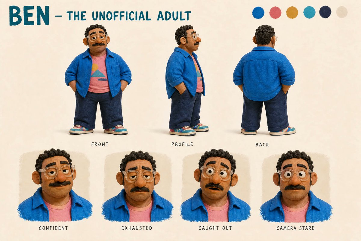 Ben's character sheet, with multiple views, expressions and a matching palette