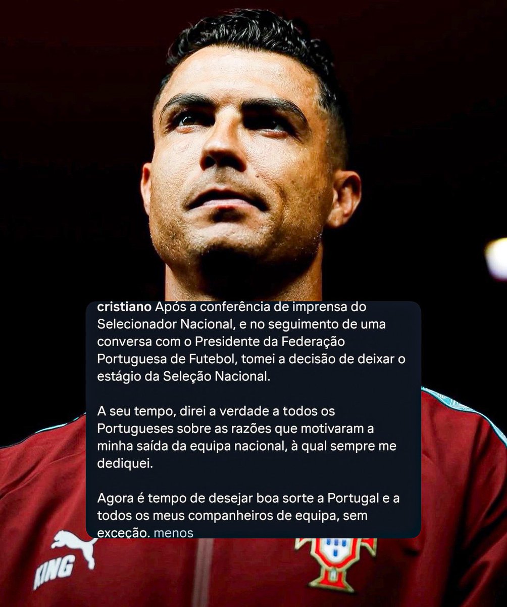 DoentesPFutebol's tweet photo. A história de Cristiano Ronaldo pela seleção portuguesa está extremamente conturbada.

Após a coletiva de imprensa de Jorge Jesus, o camisa 7 deixou a concentração de Portugal e fez um post no Instagram afirmando que vai falar sobre as razões da saída. 

Vale destacar que Jorge Jesus afirmou: "Não é o Cristiano, nem nunca vai haver um jogador que vai mudar minhas ideias como treinador. Nem ele, nem ninguém."
