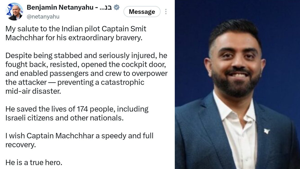 RT_Breaking_'s tweet photo. Netanyahu praises 'TRUE HERO' Indian pilot Machchhar who FOUGHT BACK against attacker, opened cockpit door despite being STABBED

'He saved lives of 174 people' https://t.co/1Pq9CRocJj
