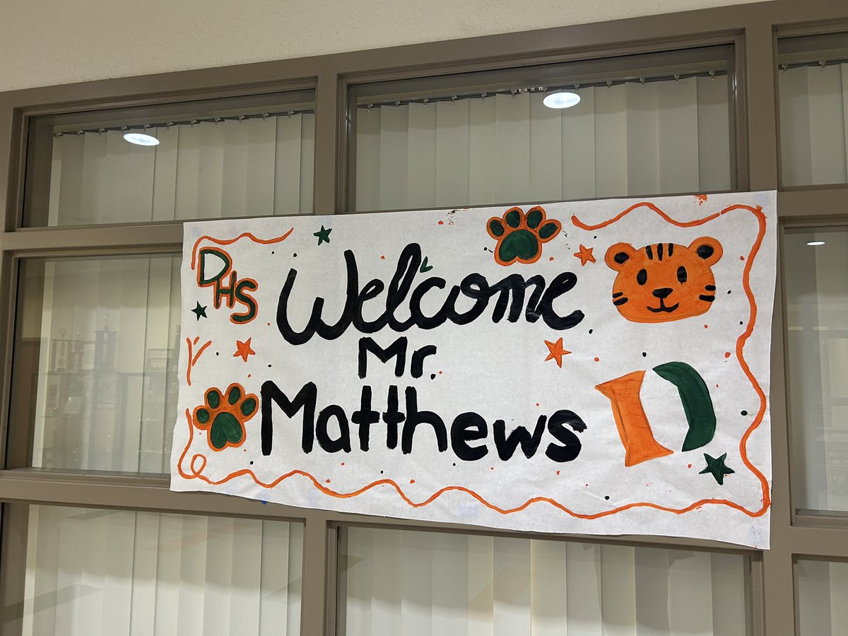 EdMathews's tweet photo. Walked in today and this was waiting.

Thank you to the students and staff who made the banner.

Proud to start as principal of a school that already has so much to celebrate — Microsoft champions on the wall, a trophy case full of Tiger history, and hallways full of spirit.

Grateful to be here. Looking forward to the year with the Dunbar family.