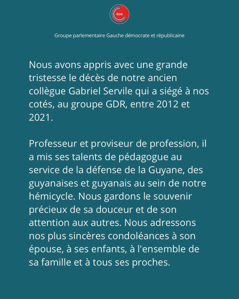 deputesPCF's tweet photo. Grande tristesse à l’annonce du décès de Gabriel Serville qui siégea à nos côtés pendant près de 10 ans. https://t.co/32EhxSnDa0