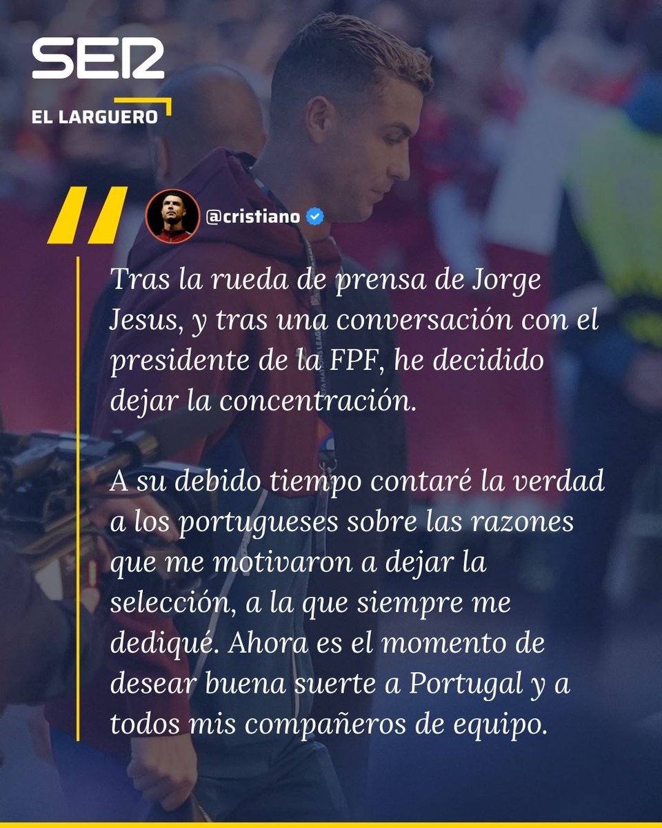 ellarguero's tweet photo. ❌🇵🇹  Cristiano Ronaldo ROMPE SU SILENCIO tras abandonar la concentración de Portugal: 

⚠️ "A su debido tiempo contaré la verdad a los portugueses"

🔗 Toda la información: https://t.co/1upRwlsTw5 https://t.co/Hz2JPmFcId