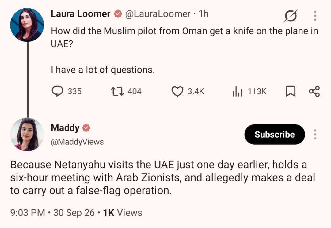 IranMilitaryEN's tweet photo. Laura Loomer, American political whore: How did the Omani Muslim pilot manage to bring a knife onto the plane in the UAE? I have many questions. A user's reply: Because Netanyahu traveled to the UAE a day early and held a six-hour meeting to coordinate it. https://t.co/3HDPcbR7eW
