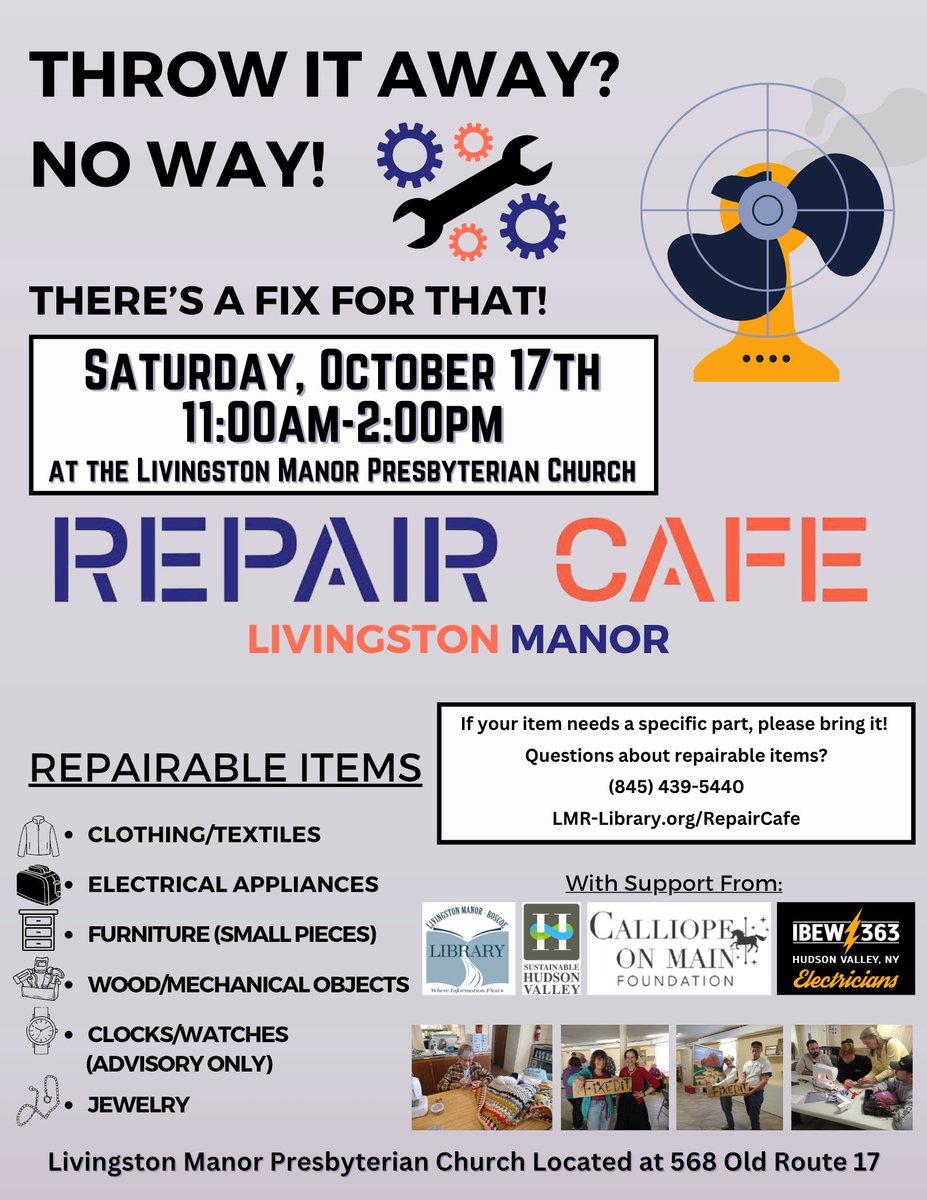 LMR_Library's tweet photo. Don't miss the opportunity to get your broken items fixed for free! The next Livingston Manor Repair Café is scheduled for Saturday, October 17th! https://t.co/cvoTyTeTCY