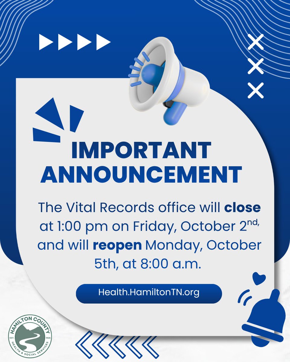 HamiltonHealth's tweet photo. The Health and Social Services Vital Records office at our East 3rd Street location will close at 1 p.m. on the first Friday of each month for staff in-service. The office will reopen at 8 a.m. the following Monday. No other Health Department services are affected. All other services will continue operating on their regular schedules. For questions, call 423-209-8025 or visit https://t.co/6dJiO8iehC.