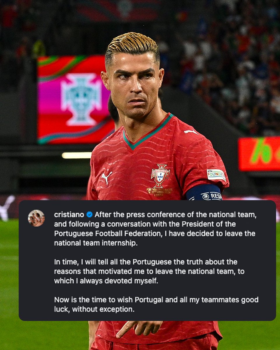 ESPNFC's tweet photo. Cristiano Ronaldo announced that he has decided to leave the Portuguese national team camp on his social media. https://t.co/vFdHPk1lIB
